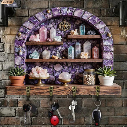 2D Amethyst Stone Wicca Wood Key Rack - Healing Crystal Key Holder 4 Metal Hooks for Witch Decor-MoonChildWorld