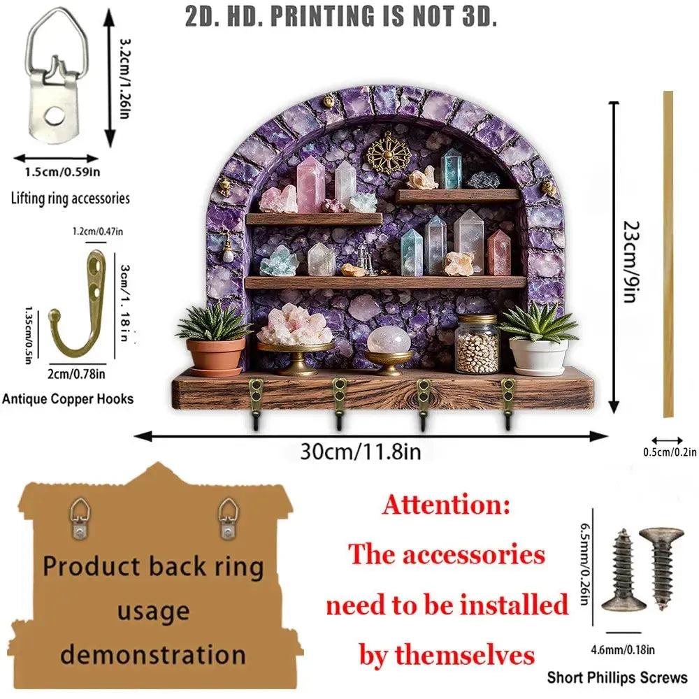 2D Amethyst Stone Wicca Wood Key Rack - Healing Crystal Key Holder 4 Metal Hooks for Witch Decor-MoonChildWorld