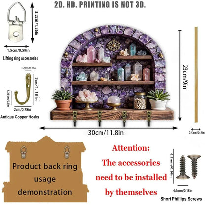 2D Amethyst Stone Wicca Wood Key Rack - Healing Crystal Key Holder 4 Metal Hooks for Witch Decor-MoonChildWorld