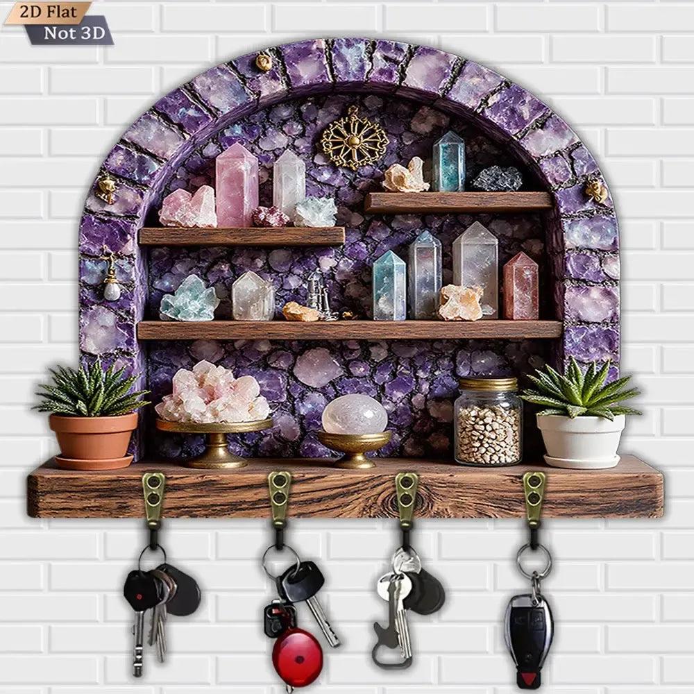 2D Amethyst Stone Wicca Wood Key Rack - Healing Crystal Key Holder 4 Metal Hooks for Witch Decor-MoonChildWorld