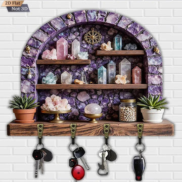 2D Amethyst Stone Wicca Wood Key Rack - Healing Crystal Key Holder 4 Metal Hooks for Witch Decor-MoonChildWorld