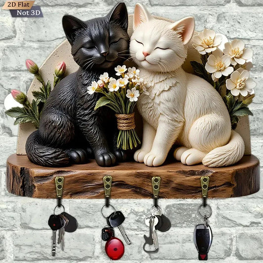 2D Black And White Cat Key Holder 4 Metal Hooks - Mystic Wood Key Rack-MoonChildWorld
