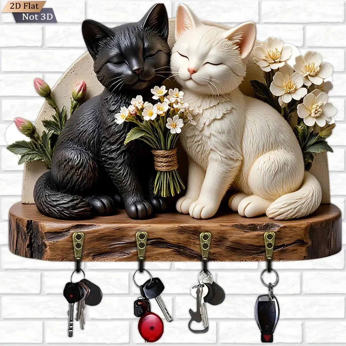 2D Black And White Cat Key Holder 4 Metal Hooks - Mystic Wood Key Rack-MoonChildWorld