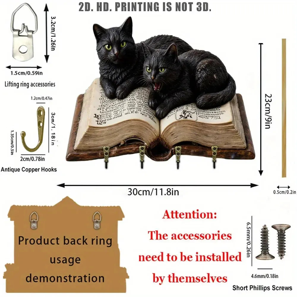 2D Black Cat Wooden Key Holder with Four Metal Hooks Wicca Home Decor-MoonChildWorld
