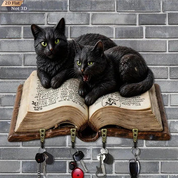 2D Black Cat Wooden Key Holder with Four Metal Hooks Wicca Home Decor-MoonChildWorld