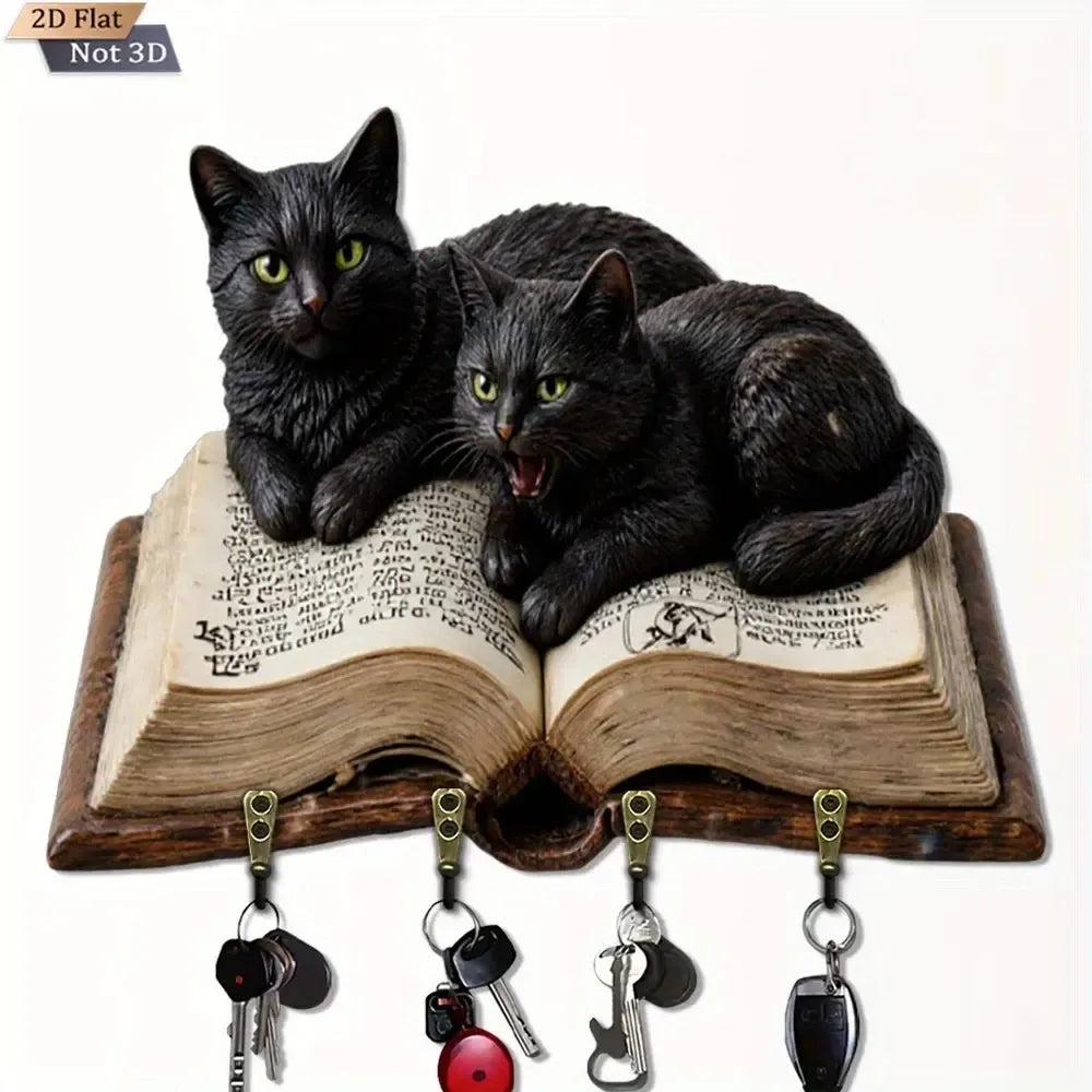 2D Black Cat Wooden Key Holder with Four Metal Hooks Wicca Home Decor-MoonChildWorld