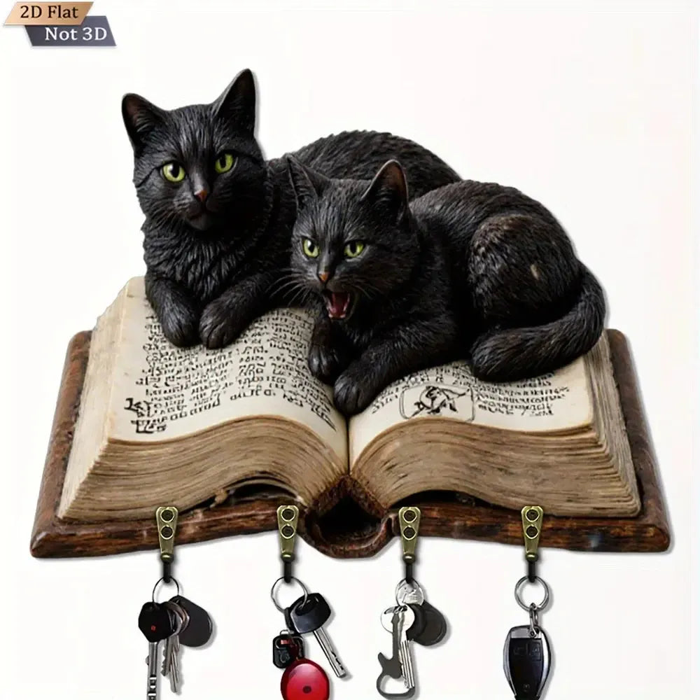 2D Black Cat Wooden Key Holder with Four Metal Hooks Wicca Home Decor-MoonChildWorld