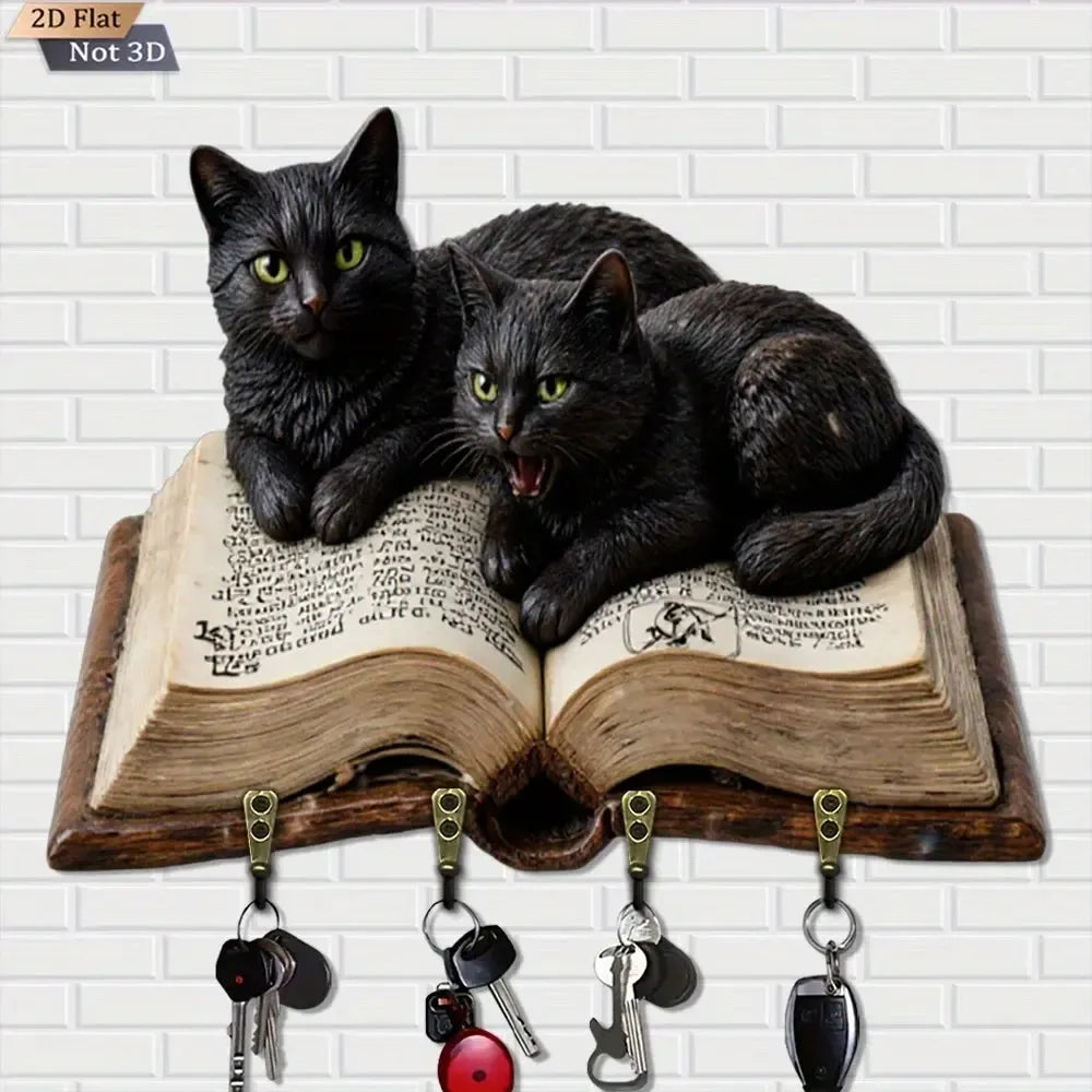 2D Black Cat Wooden Key Holder with Four Metal Hooks Wicca Home Decor-MoonChildWorld