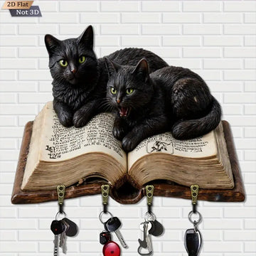 2D Black Cat Wooden Key Holder with Four Metal Hooks Wicca Home Decor-MoonChildWorld