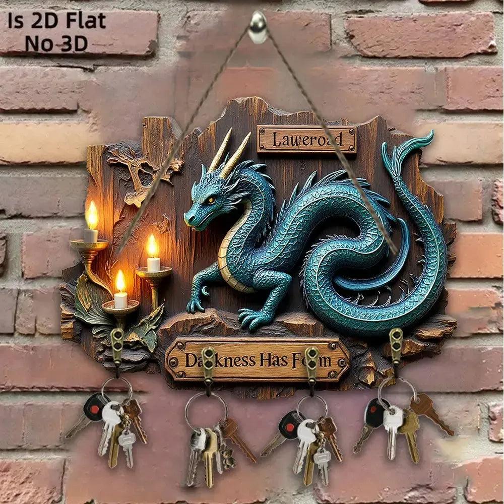 2D Blue Dragon Wooden Key Holder with Four Metal Hooks-MoonChildWorld