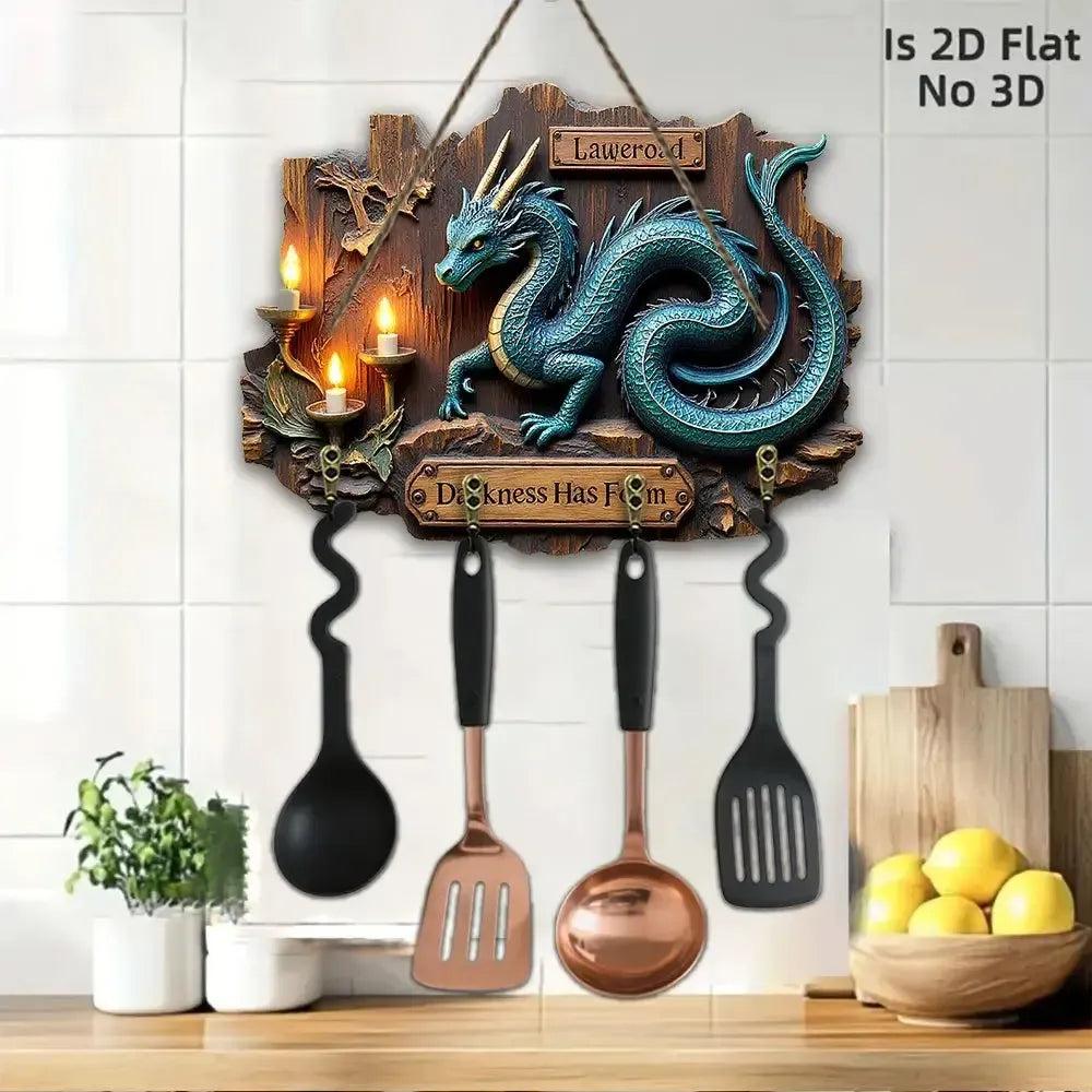2D Blue Dragon Wooden Key Holder with Four Metal Hooks-MoonChildWorld