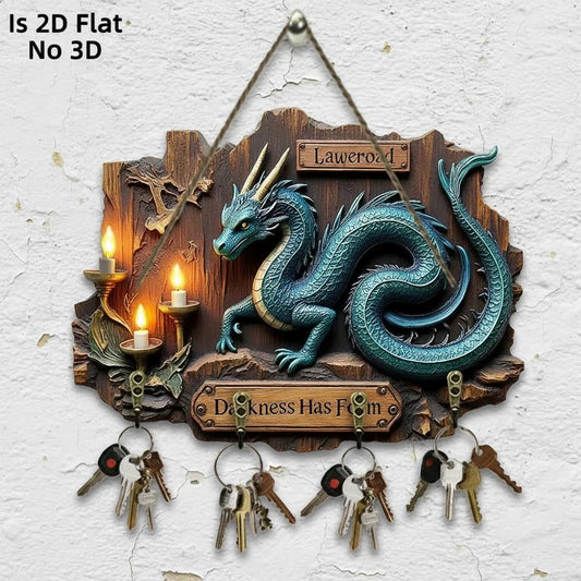 2D Blue Dragon Wooden Key Holder with Four Metal Hooks-MoonChildWorld