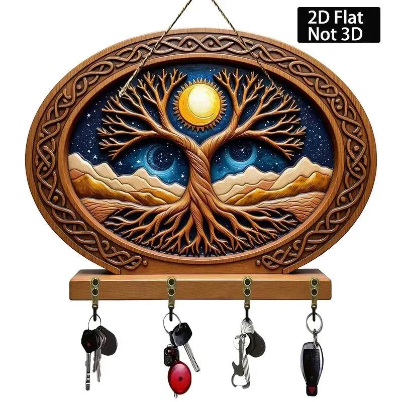 2D Celtic Tree of Life Key Holder 4 Metal Hooks - Moon Tree Pagan Wood Key Rack-MoonChildWorld