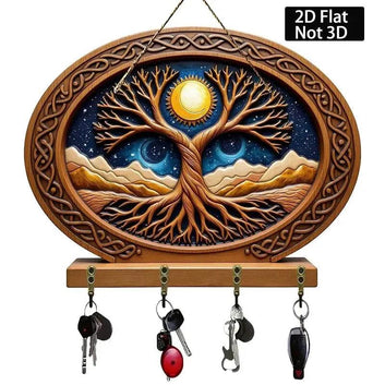 2D Celtic Tree of Life Key Holder 4 Metal Hooks - Moon Tree Pagan Wood Key Rack-MoonChildWorld