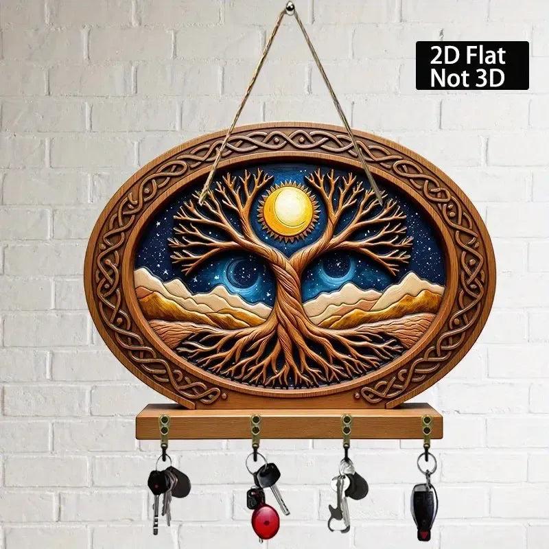 2D Celtic Tree of Life Key Holder 4 Metal Hooks - Moon Tree Pagan Wood Key Rack-MoonChildWorld