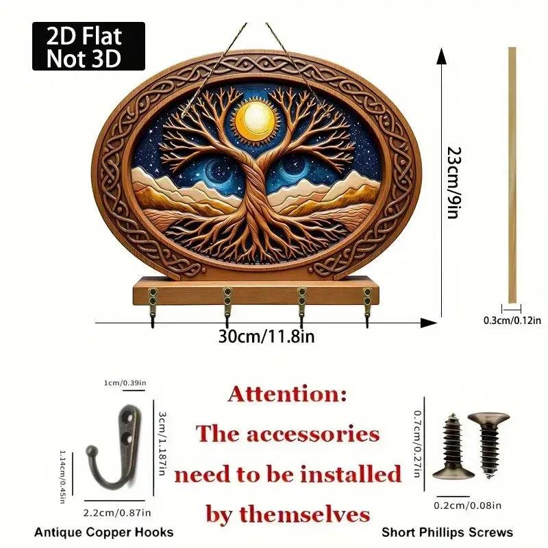 2D Celtic Tree of Life Key Holder 4 Metal Hooks - Moon Tree Pagan Wood Key Rack-MoonChildWorld