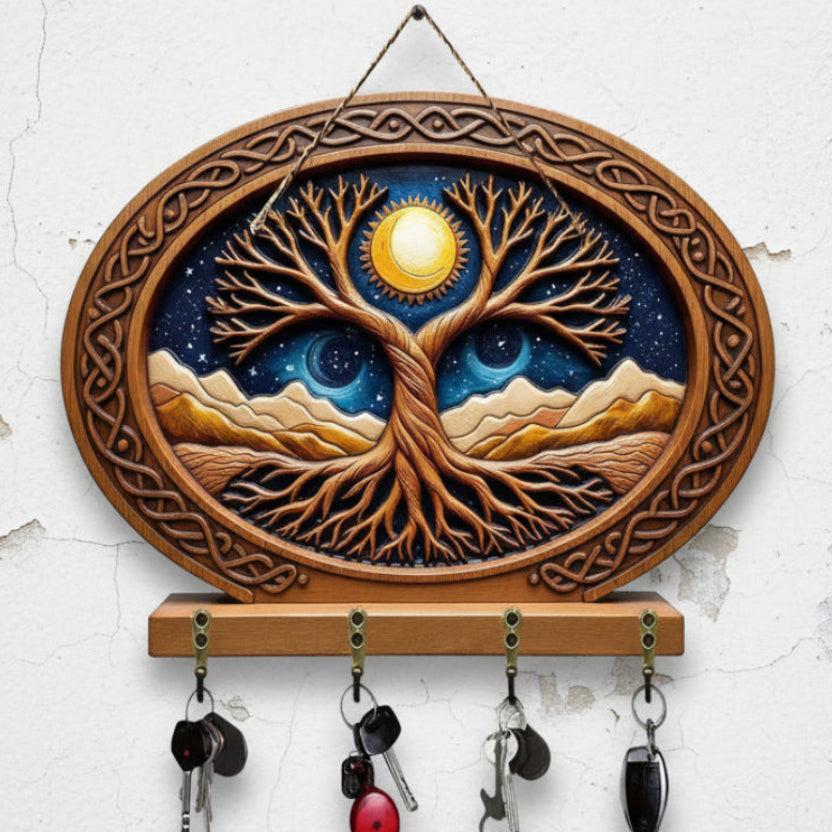 2D Celtic Tree of Life Key Holder 4 Metal Hooks - Moon Tree Pagan Wood Key Rack-MoonChildWorld