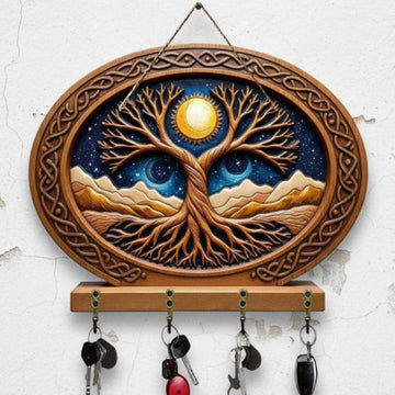 2D Celtic Tree of Life Key Holder 4 Metal Hooks - Moon Tree Pagan Wood Key Rack-MoonChildWorld