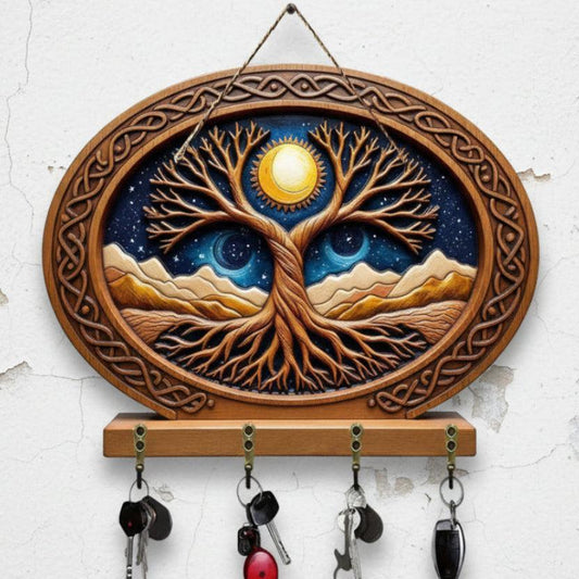 2D Celtic Tree of Life Key Holder 4 Metal Hooks - Moon Tree Pagan Wood Key Rack-MoonChildWorld