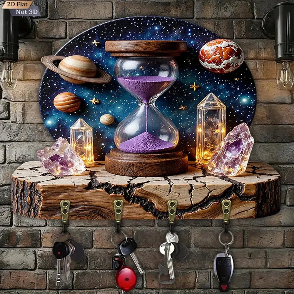 2D Cosmic Amethyst Hourglass Wicca Wood Key Rack - Witchy Key Holder 4 Metal Hooks-MoonChildWorld