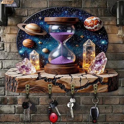 2D Cosmic Amethyst Hourglass Wicca Wood Key Rack - Witchy Key Holder 4 Metal Hooks-MoonChildWorld