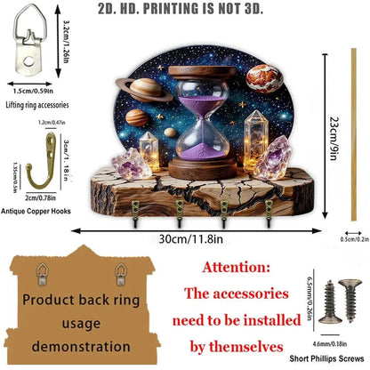 2D Cosmic Amethyst Hourglass Wicca Wood Key Rack - Witchy Key Holder 4 Metal Hooks-MoonChildWorld