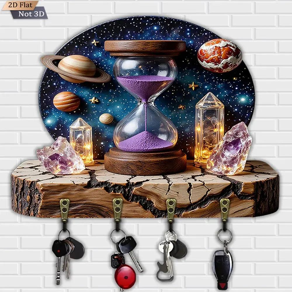 2D Cosmic Amethyst Hourglass Wicca Wood Key Rack - Witchy Key Holder 4 Metal Hooks-MoonChildWorld