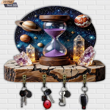 2D Cosmic Amethyst Hourglass Wicca Wood Key Rack - Witchy Key Holder 4 Metal Hooks-MoonChildWorld