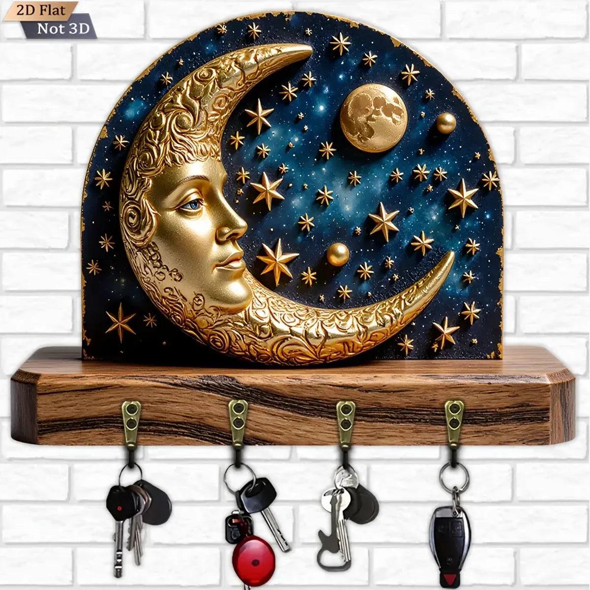 2D Crescent Moon Star Wood Key Rack - Celestial Moon Key Holder 4 Metal Hooks-MoonChildWorld