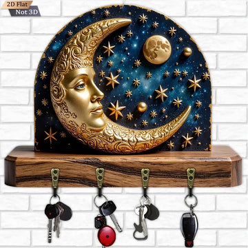 2D Crescent Moon Star Wood Key Rack - Celestial Moon Key Holder 4 Metal Hooks-MoonChildWorld
