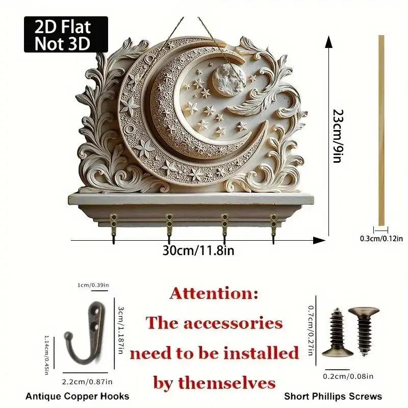 2D Crescent Moon & Star Wooden Key Holder with 4 Metal Hooks - Wicca Wood Key Rack-MoonChildWorld