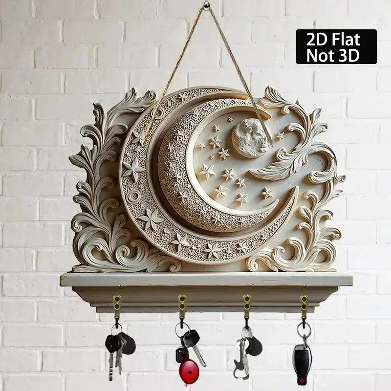 2D Crescent Moon & Star Wooden Key Holder with 4 Metal Hooks - Wicca Wood Key Rack-MoonChildWorld