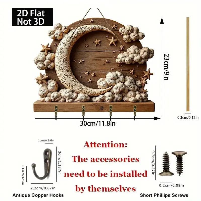 2D Crescent Moon & Star Wooden Key Holder with 4 Metal Hooks - Wicca Wood Key Rack-MoonChildWorld