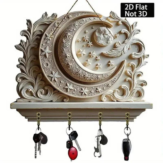 2D Crescent Moon & Star Wooden Key Holder with 4 Metal Hooks - Wicca Wood Key Rack-MoonChildWorld