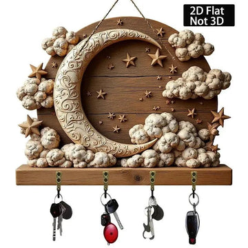 2D Crescent Moon & Star Wooden Key Holder with 4 Metal Hooks - Wicca Wood Key Rack-MoonChildWorld