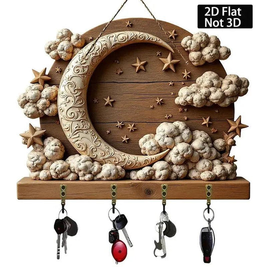 2D Crescent Moon & Star Wooden Key Holder with 4 Metal Hooks - Wicca Wood Key Rack-MoonChildWorld