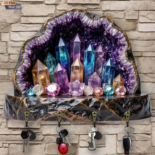 2D Crystal Amethyst Key Rack - Witchy Key Holder 4 Metal Hooks for Wiccan Wall Decor-MoonChildWorld