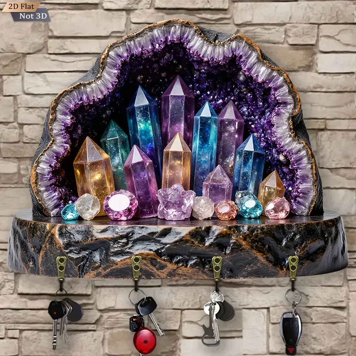 2D Crystal Amethyst Key Rack - Witchy Key Holder 4 Metal Hooks for Wiccan Wall Decor-MoonChildWorld
