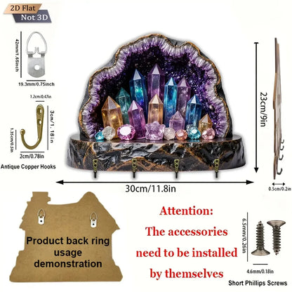 2D Crystal Amethyst Key Rack - Witchy Key Holder 4 Metal Hooks for Wiccan Wall Decor-MoonChildWorld