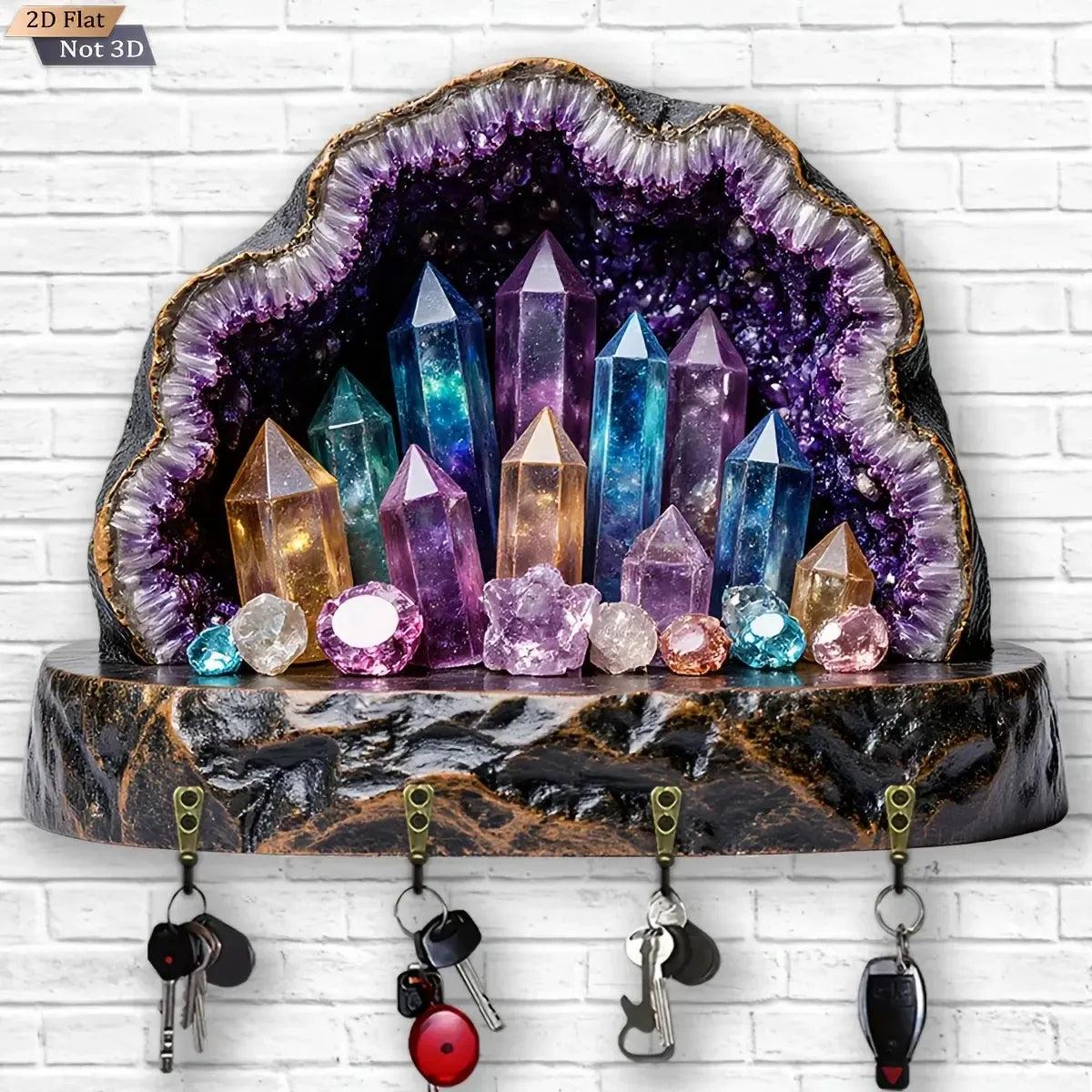 2D Crystal Amethyst Key Rack - Witchy Key Holder 4 Metal Hooks for Wiccan Wall Decor-MoonChildWorld