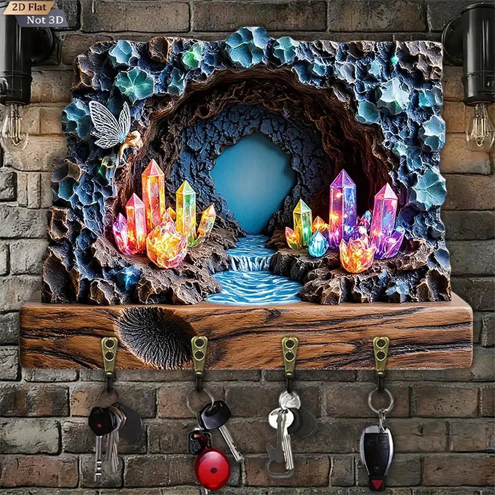2D Crystal Cave Witchy Wood Key Rack - Magic Key Holder 4 Metal Hooks for Wicca Wall Decor-MoonChildWorld