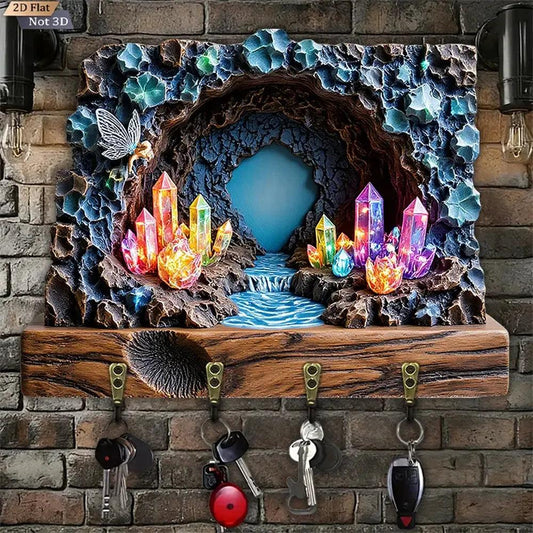 2D Crystal Cave Witchy Wood Key Rack - Magic Key Holder 4 Metal Hooks for Wicca Wall Decor-MoonChildWorld