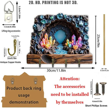 2D Crystal Cave Witchy Wood Key Rack - Magic Key Holder 4 Metal Hooks for Wicca Wall Decor-MoonChildWorld