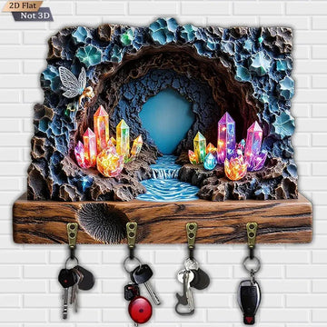 2D Crystal Cave Witchy Wood Key Rack - Magic Key Holder 4 Metal Hooks for Wicca Wall Decor-MoonChildWorld