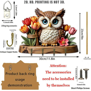 2D Cute Owl Wooden Key Holder with Four Metal Hooks-MoonChildWorld