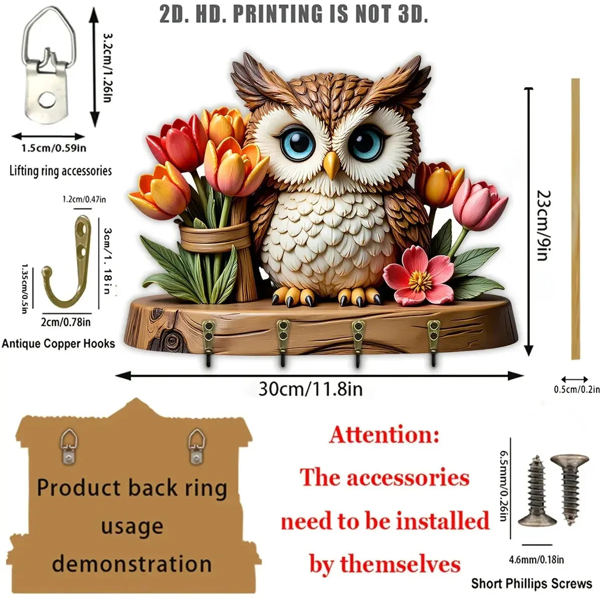 2D Cute Owl Wooden Key Holder with Four Metal Hooks-MoonChildWorld