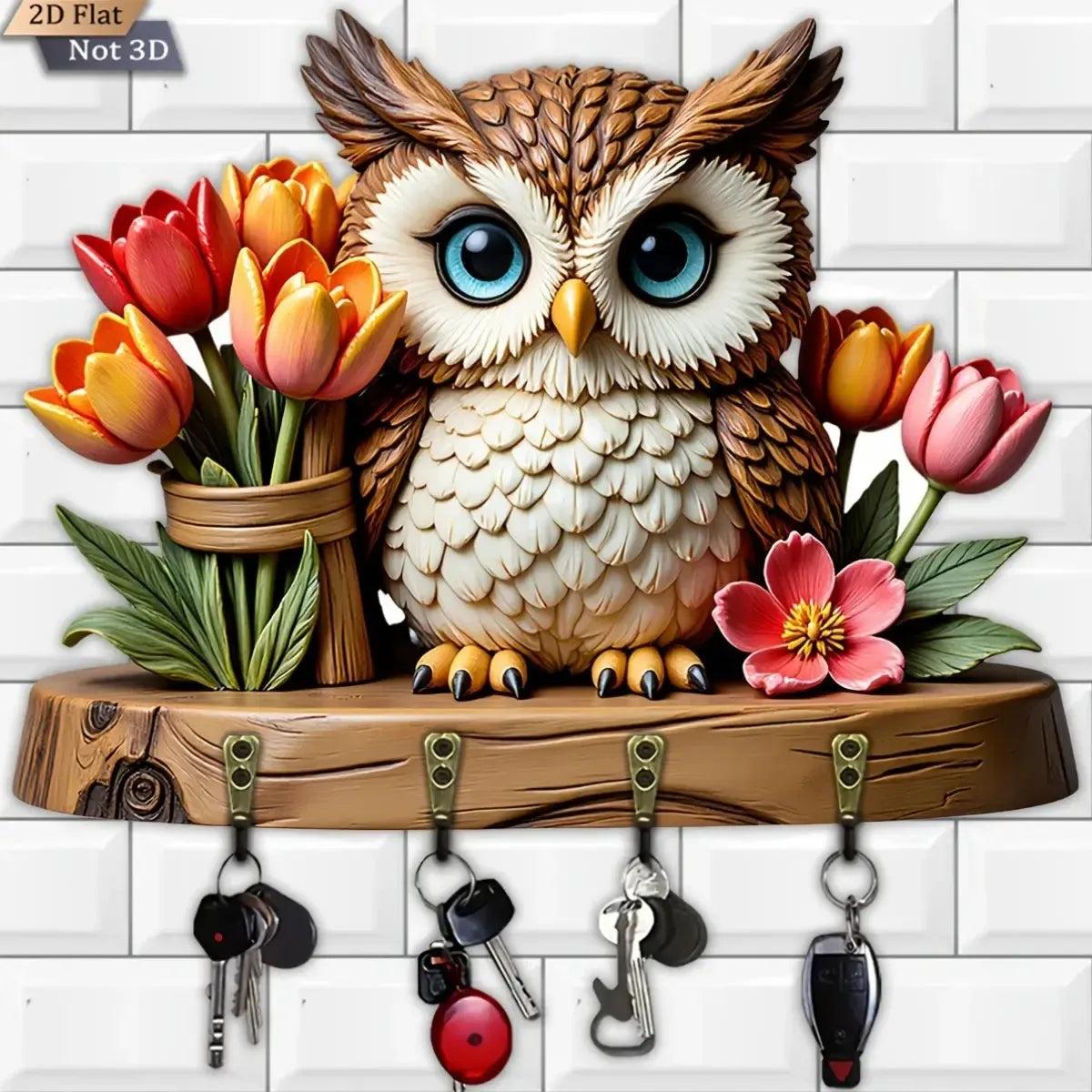 2D Cute Owl Wooden Key Holder with Four Metal Hooks-MoonChildWorld
