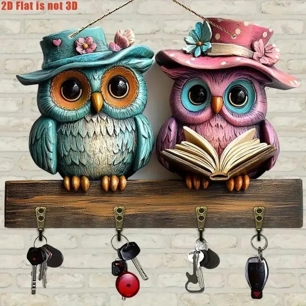 2D Cute Owl Wooden Multifunctional Key Holder with Four Metal Hooks-MoonChildWorld