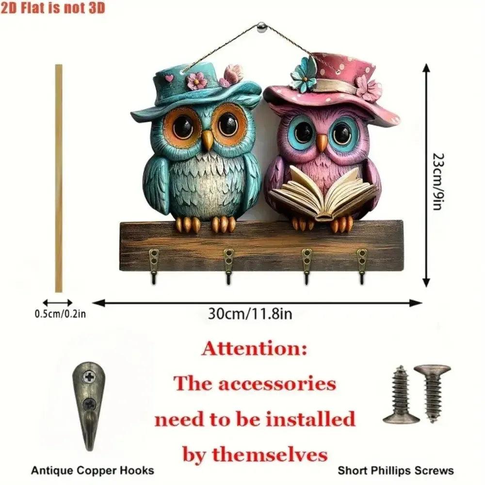 2D Cute Owl Wooden Multifunctional Key Holder with Four Metal Hooks-MoonChildWorld