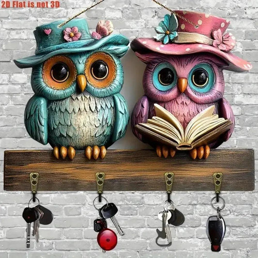 2D Cute Owl Wooden Multifunctional Key Holder with Four Metal Hooks-MoonChildWorld